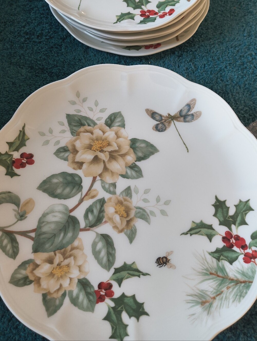 Lenox White Dinner Plates with Green Leaves, Red Berries & Gold Floral Accents